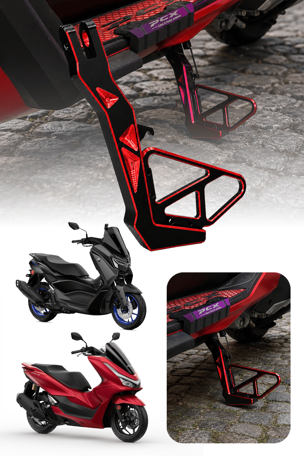 Honda Pcx ve Yamaha Nmax Uyumlu Yan Ayaklık Cnc Kırmızı