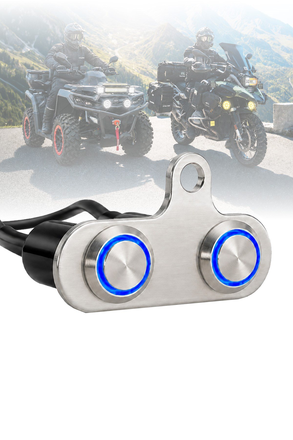Işıklı Gidon Anahtarı Çift Fonksiyonlu Mavi LED Çift Power Tuşlu Motosiklet Sis Farı Off Road Led Kontrol Switchi Montaj Kulaklı Kablolu Demir Döküm Krom Renk