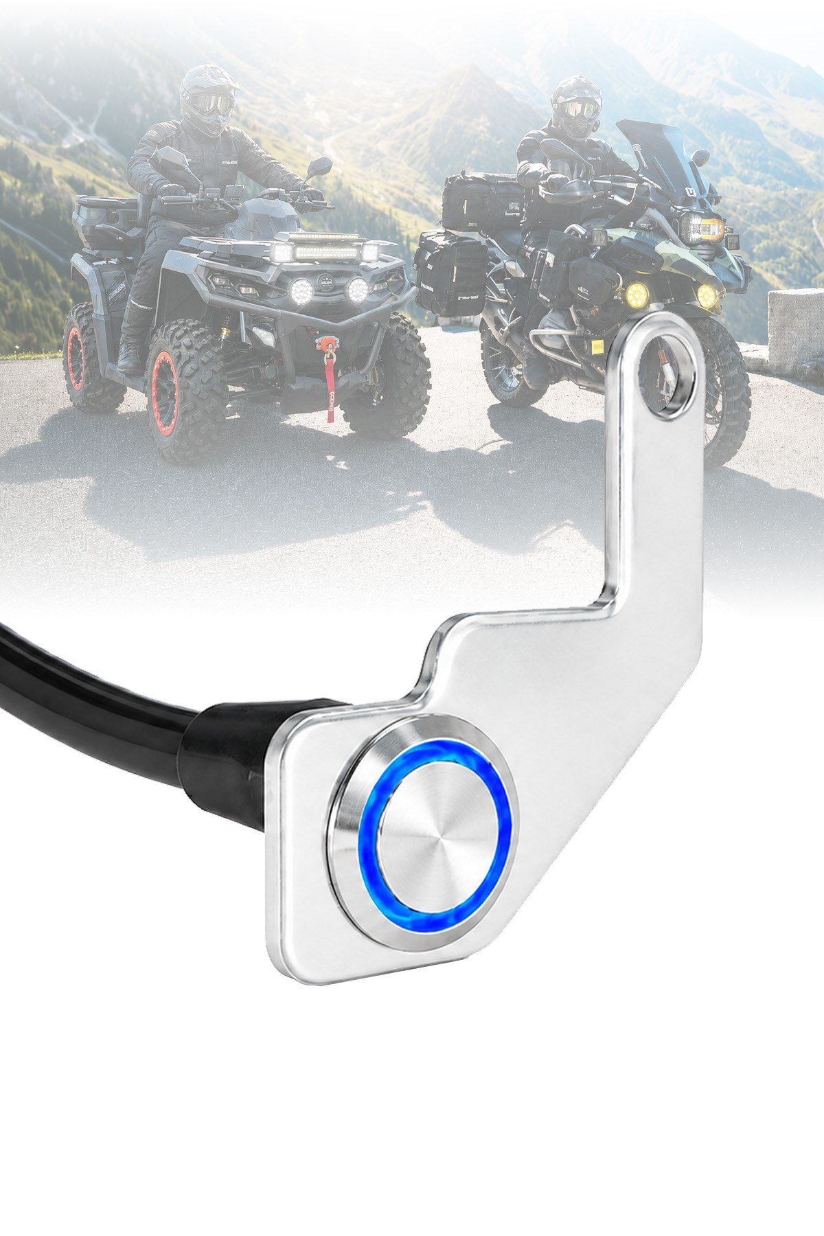 Işıklı Gidon Anahtarı Tek Fonksiyonlu Mavi LED Power Tuşlu Motosiklet Sis Farı Off Road Led Kontrol Switchi Uzun Bağlantı Ayaklı Kablolu Demir Döküm Krom Renk