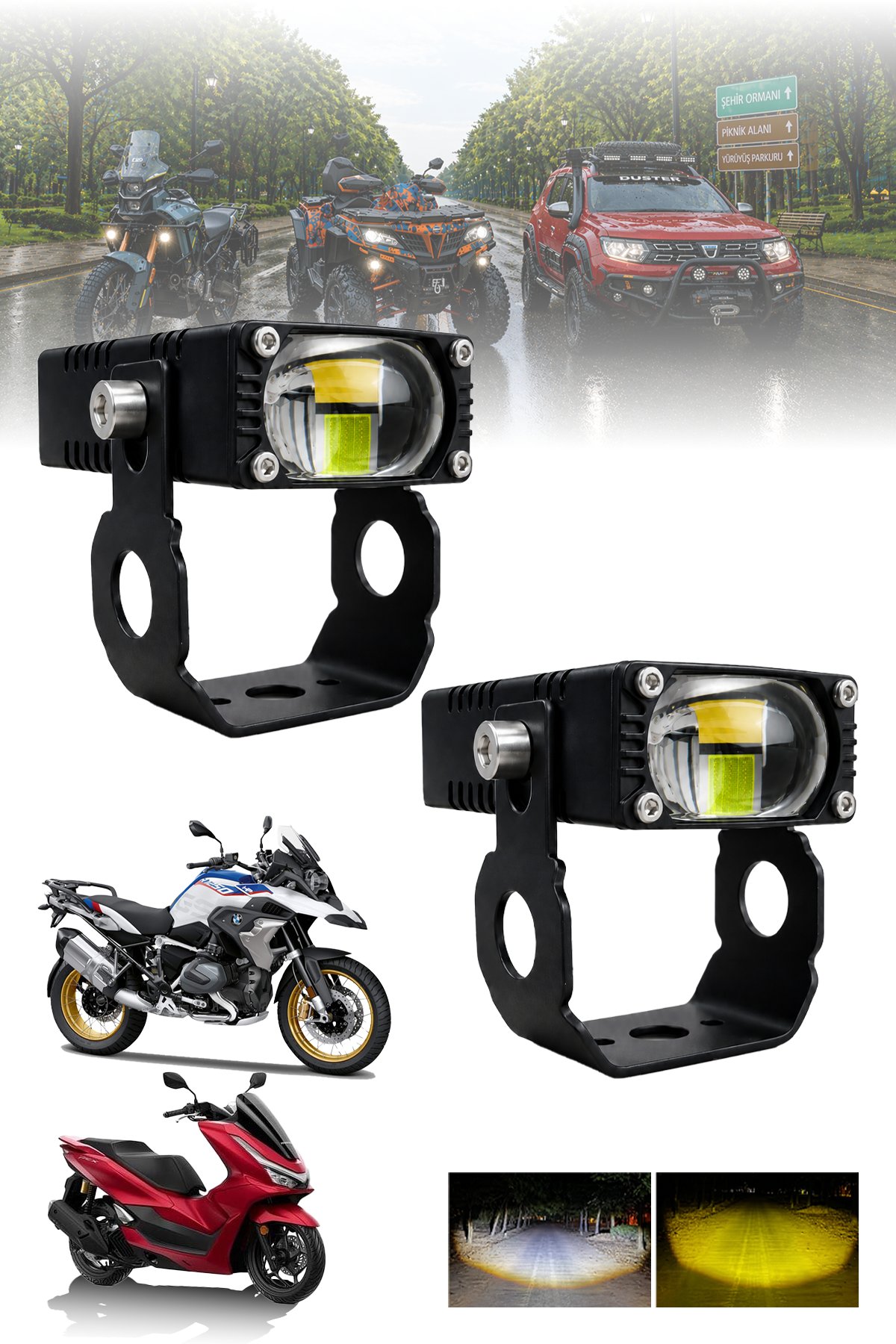 Motosiklet Sis Farı 30W Mercekli Beyaz-Sarı LED 2 ADET Metal Gövde Super Slim Dikdörtgen Fanlı Soğutmalı Alüminyum Montaj Braketli