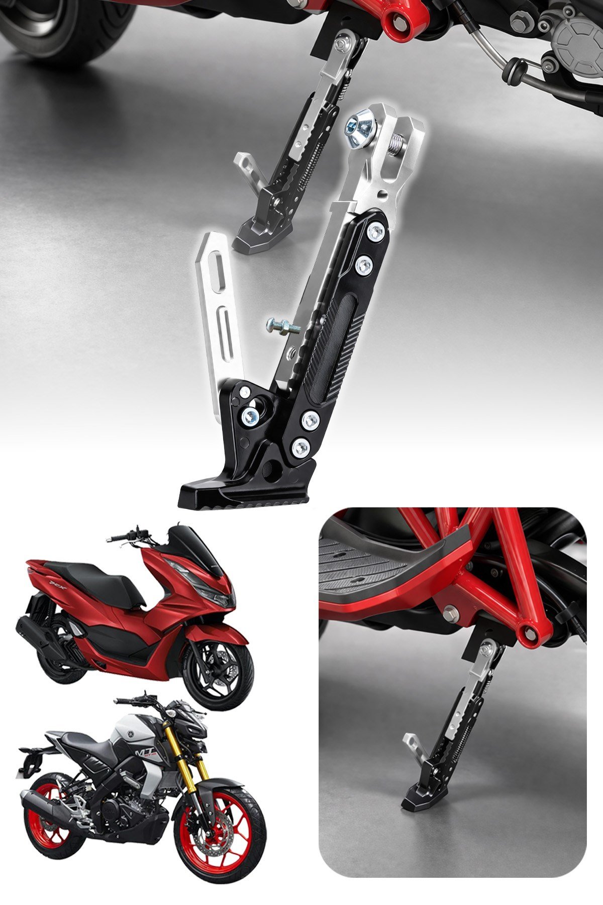 Universal Ayarlanabilir Motosiklet Yan Ayaklık 185-240 mm Cnc Montaj Setli Siyah Gümüş