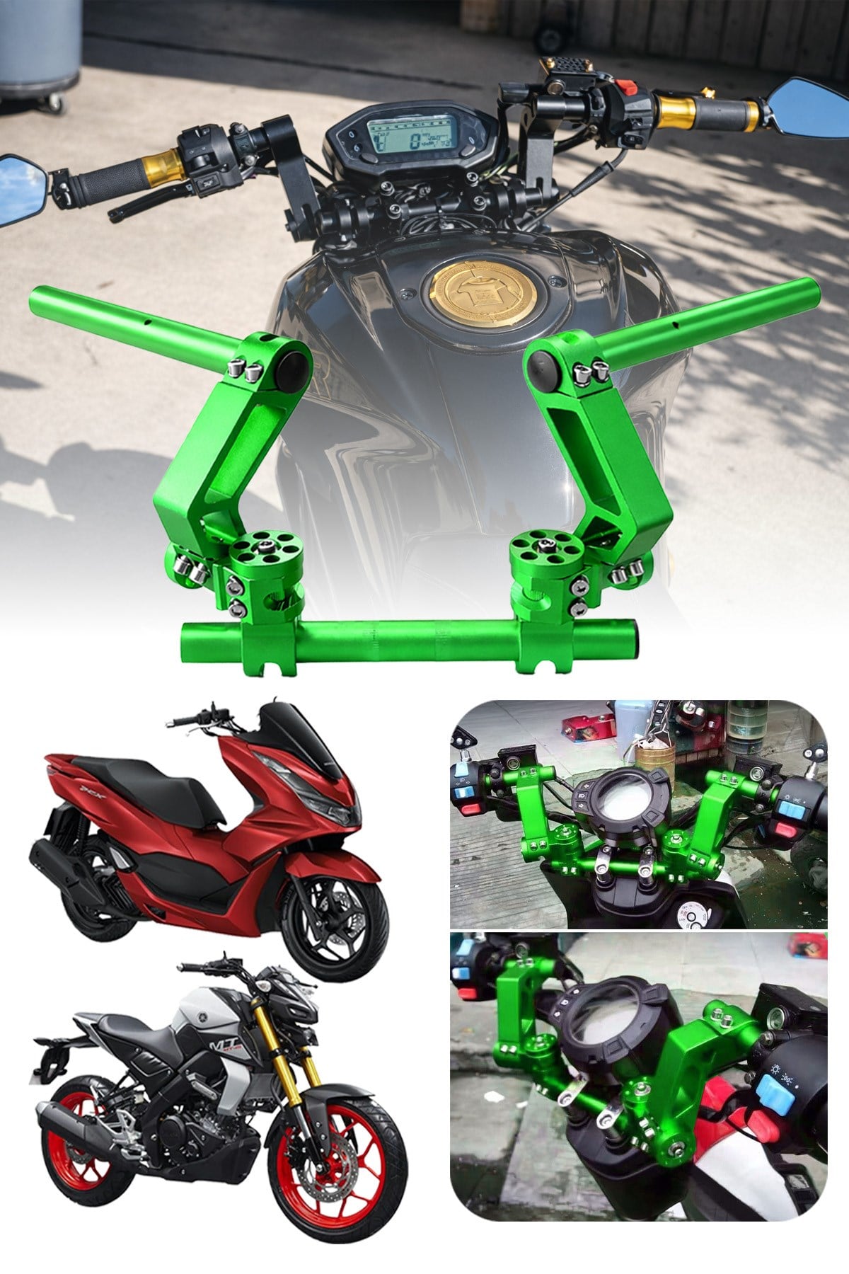 Universal Motosiklet Gidon Seti 22 mm Boru Çaplı Ayarlanabilir Cnc Yeşil