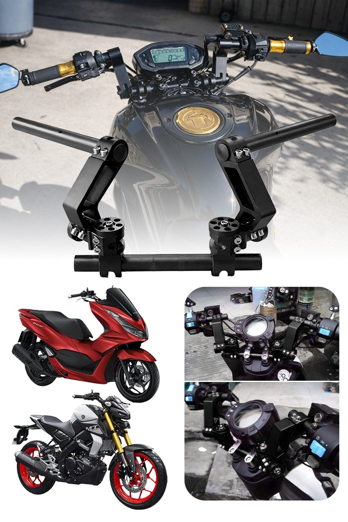 Universal Motosiklet Gidon Seti 22 mm Boru Çaplı Ayarlanabilir Cnc Siyah