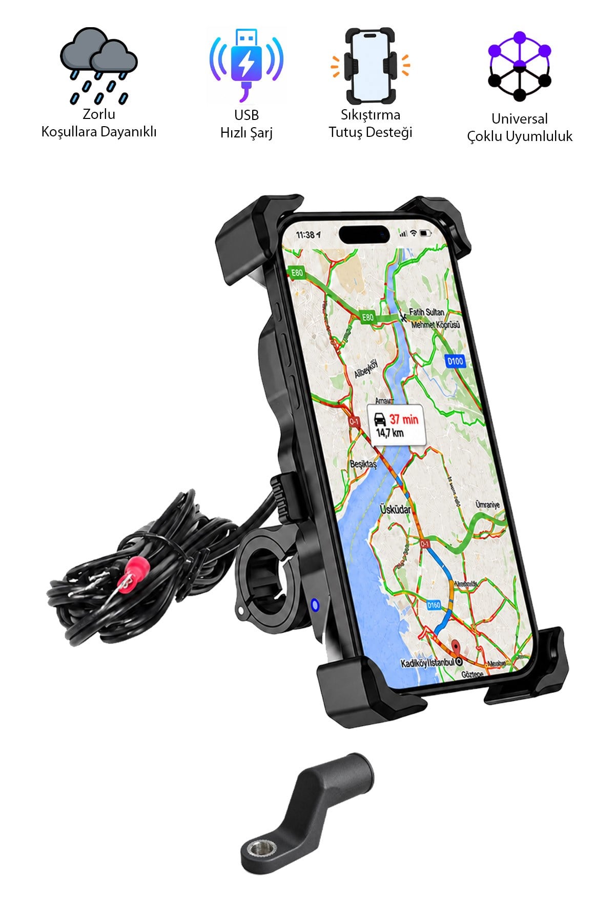 Universal Motosiklet Uyumlu USB Hızlı Şarjlı Telefon Tutacağı ABS Plastik + Metal Siyah Renk