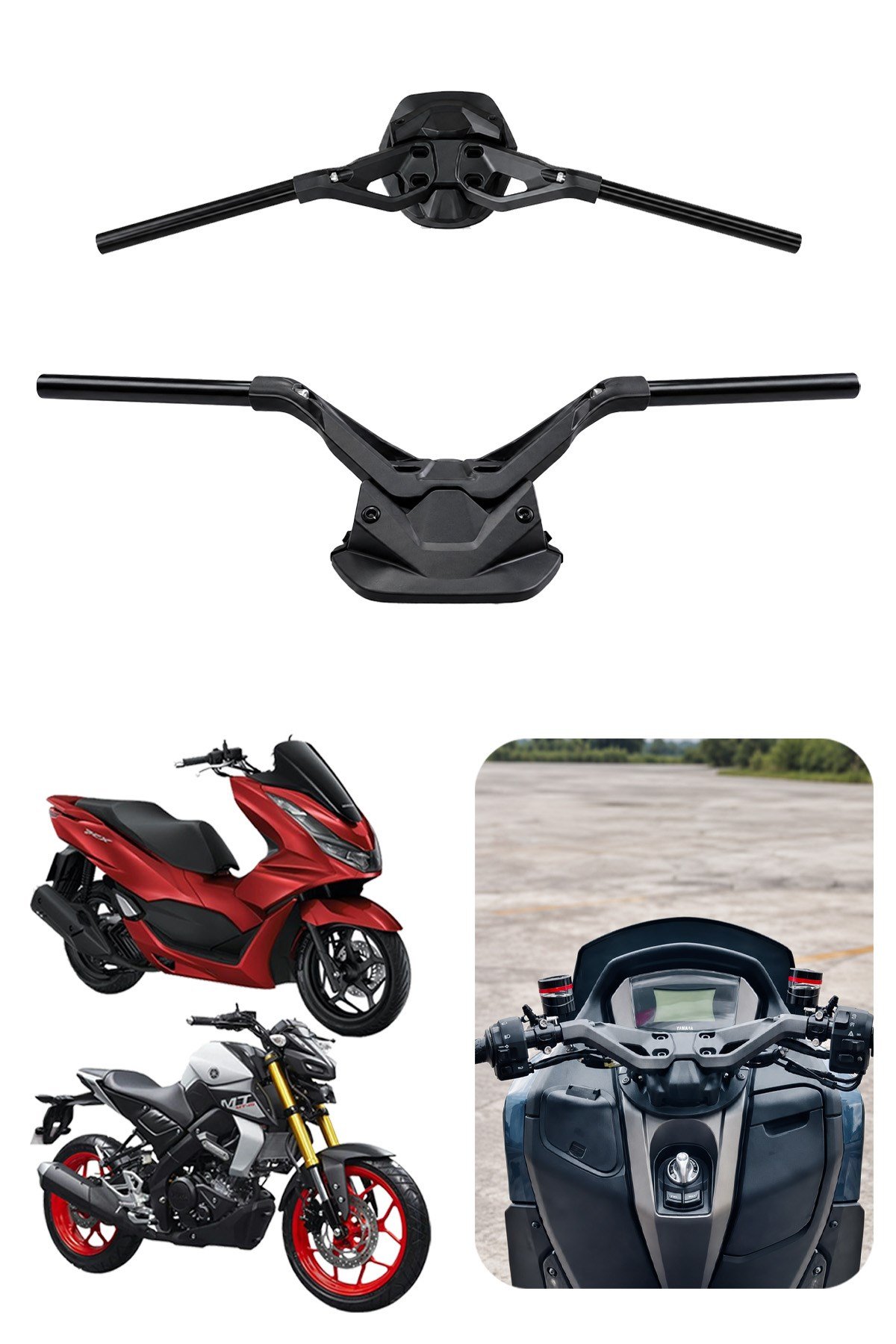 Universal T-Max Motosiklet Gidon Seti 22 mm Boru Çaplı 735 mm CNC Alüminyum Ayarlı Montaj Vidalı Siyah