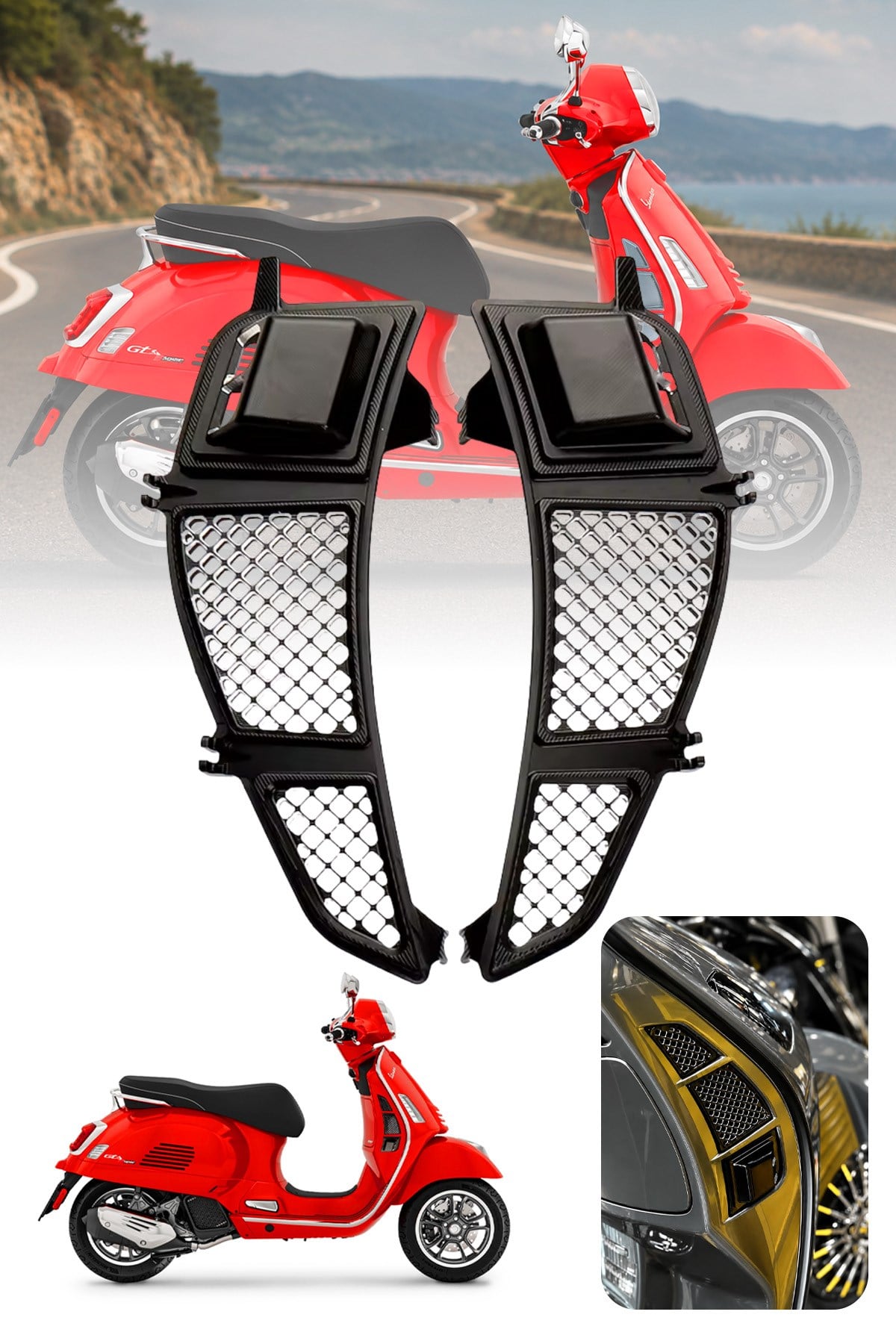 Vespa GTS GTV Uyumlu 2 Parça Radyatör Koruma Izgarası 2023-2026 CNC Siyah