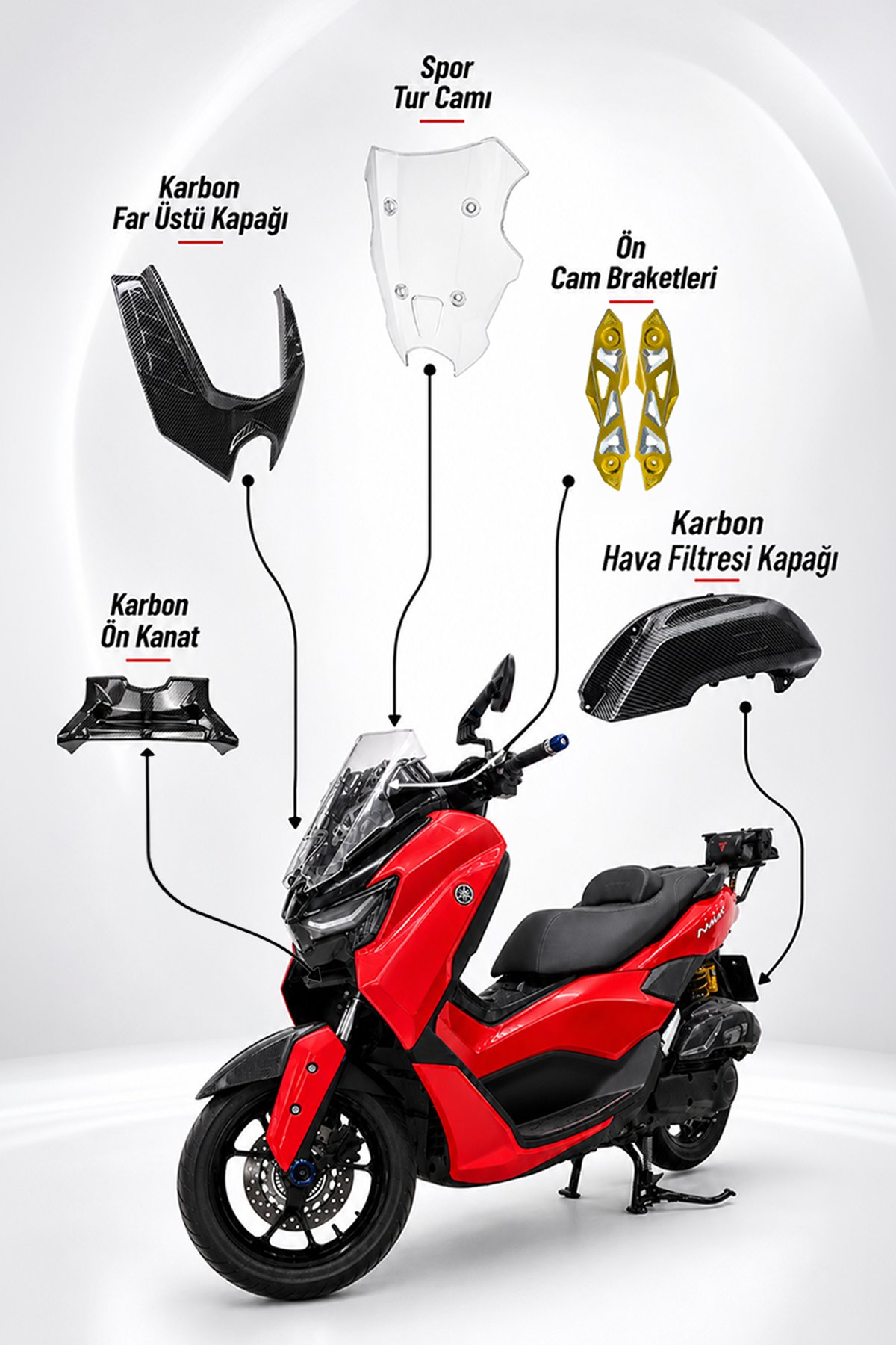 Yamaha NMAX 125/155 2025-2026 Uyumlu 5 Parça Aksesuar Seti Spor Tur Camı, CNC Gold Ön Cam Braketi, Karbon Desen Kapak