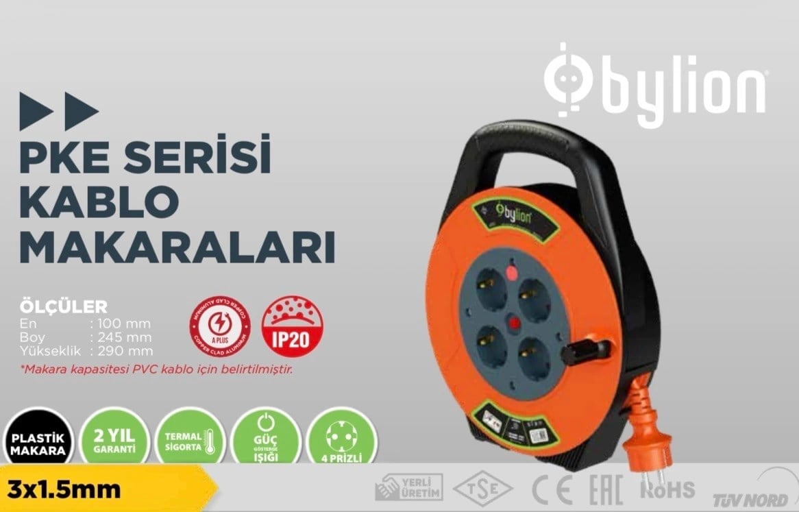 Bylion Pke Serisi Kablo Makarası Plastik Makara 10m 3x1,5mm Ttr Kablo 166-303-1210