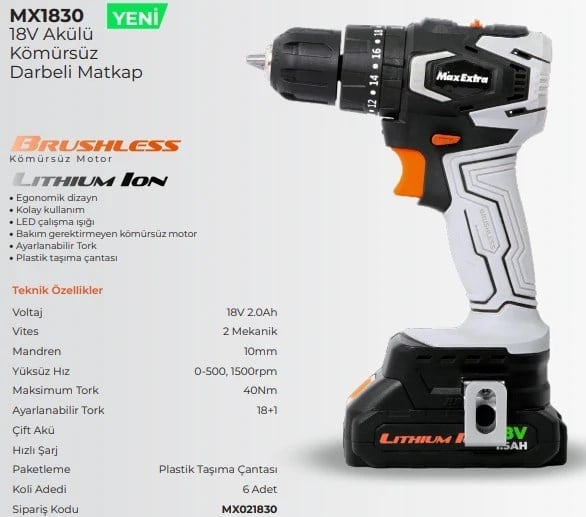 MAX EXTRA AKÜLÜ DARBELİ MATKAP KÖMÜRSÜZ 18V 2.0AH MX1830