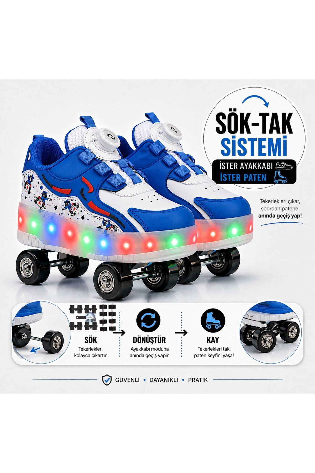 PATENLİ IŞIKLI ORTOPEDİK SPOR AYAKKABISI 4 TEKERLEKLİ PATEN (ONN-OFF TUŞLU)