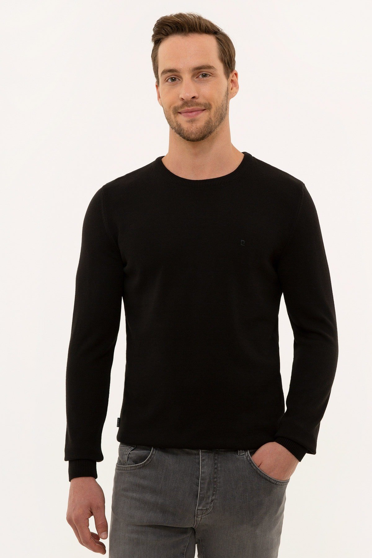 Erkek Siyah Slim Fit Bisiklet Yaka Basic Triko Kazak