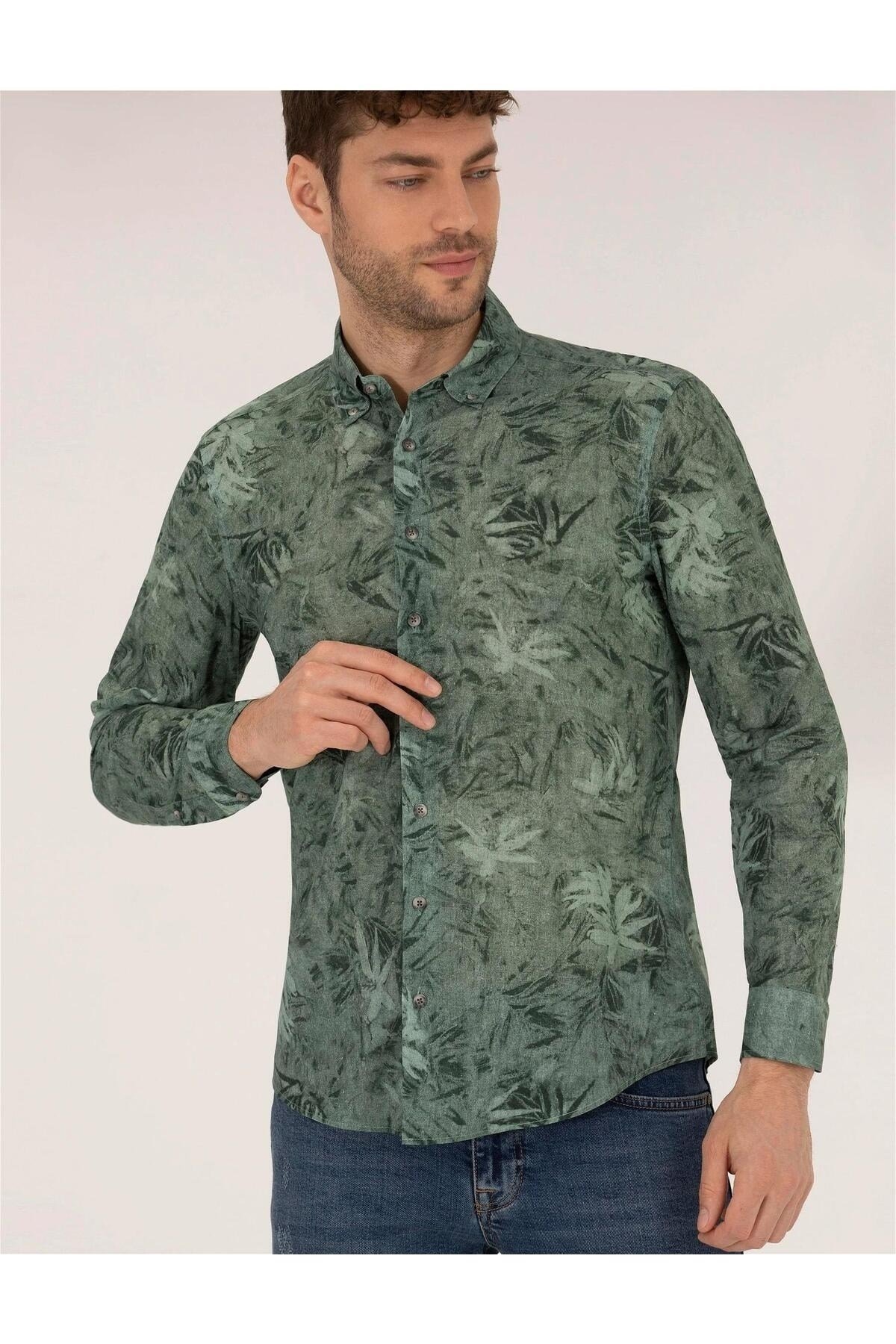 Haki Slim Fit Uzun Kollu Gömlek