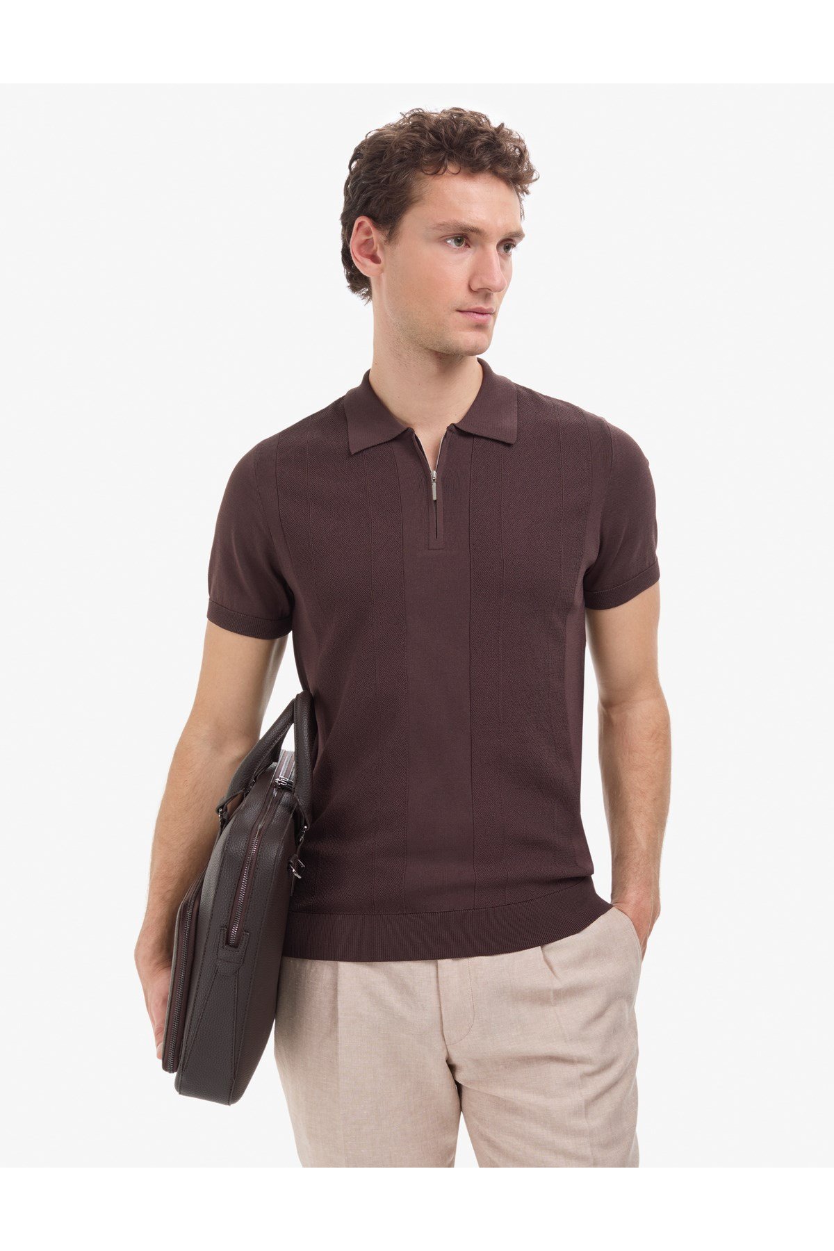 Koyu Kahverengi Slim Fit Polo Yaka Fermuarlı Triko Tişört 50320793-VR084