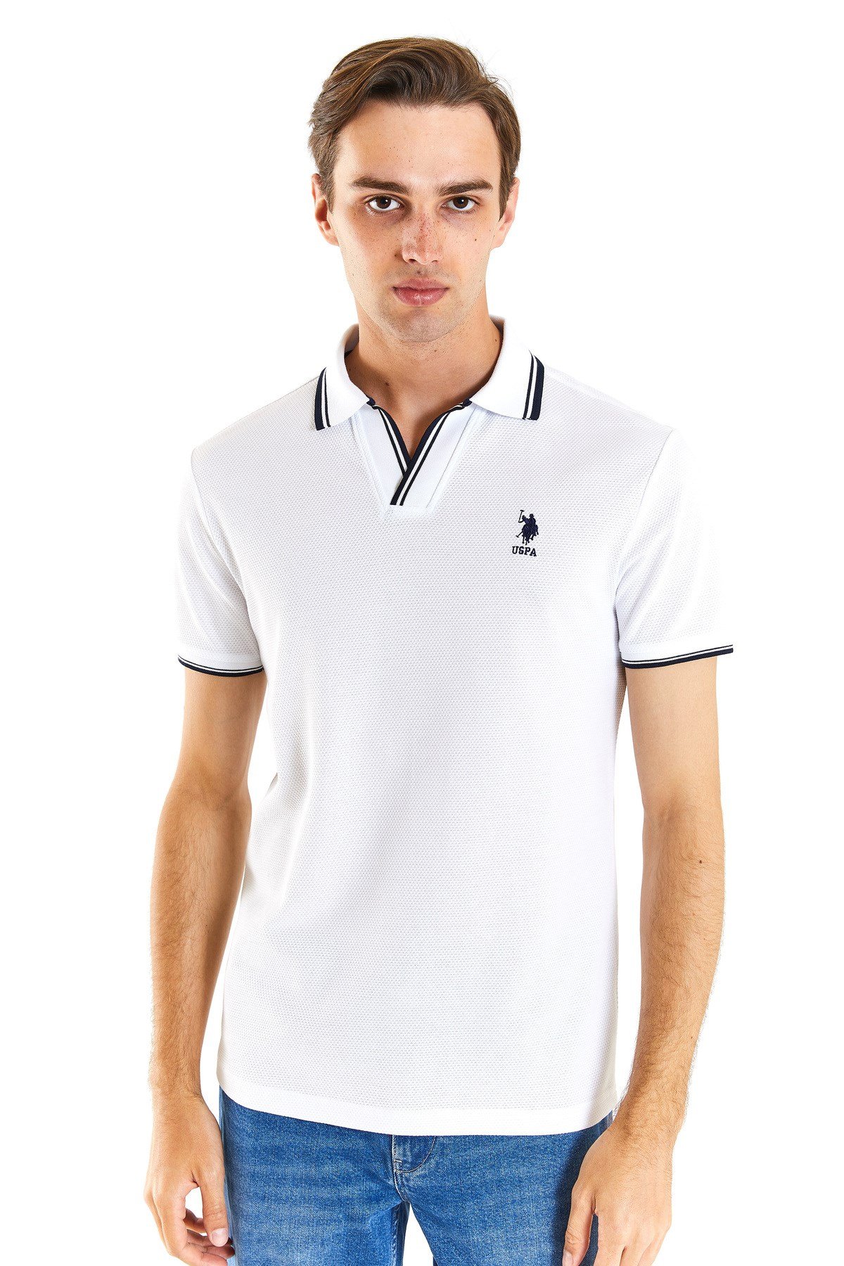 U.S POLO ASSN. ERKEK DOKUMA KUMAŞ POLO YAKA T-SHİRT- BEYAZ
