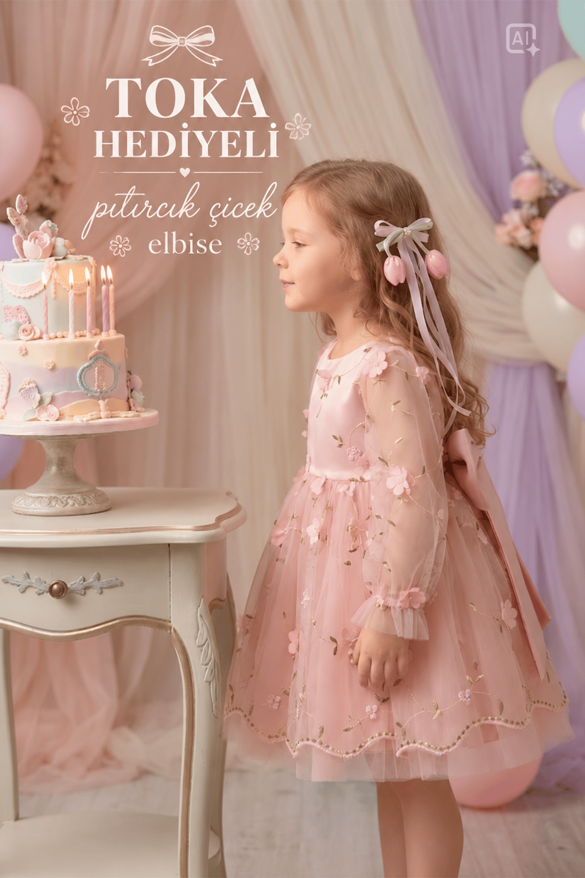 Bloom Pıtırcık 3D Çiçekli Uzun Kollu Prenses Elbise - Pembe