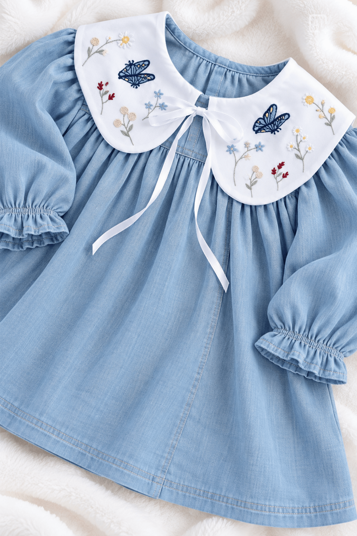 Denim Uzun Kollu Bebe Yaka Kelebek Nakışlı Kloş Elbise - Mavi