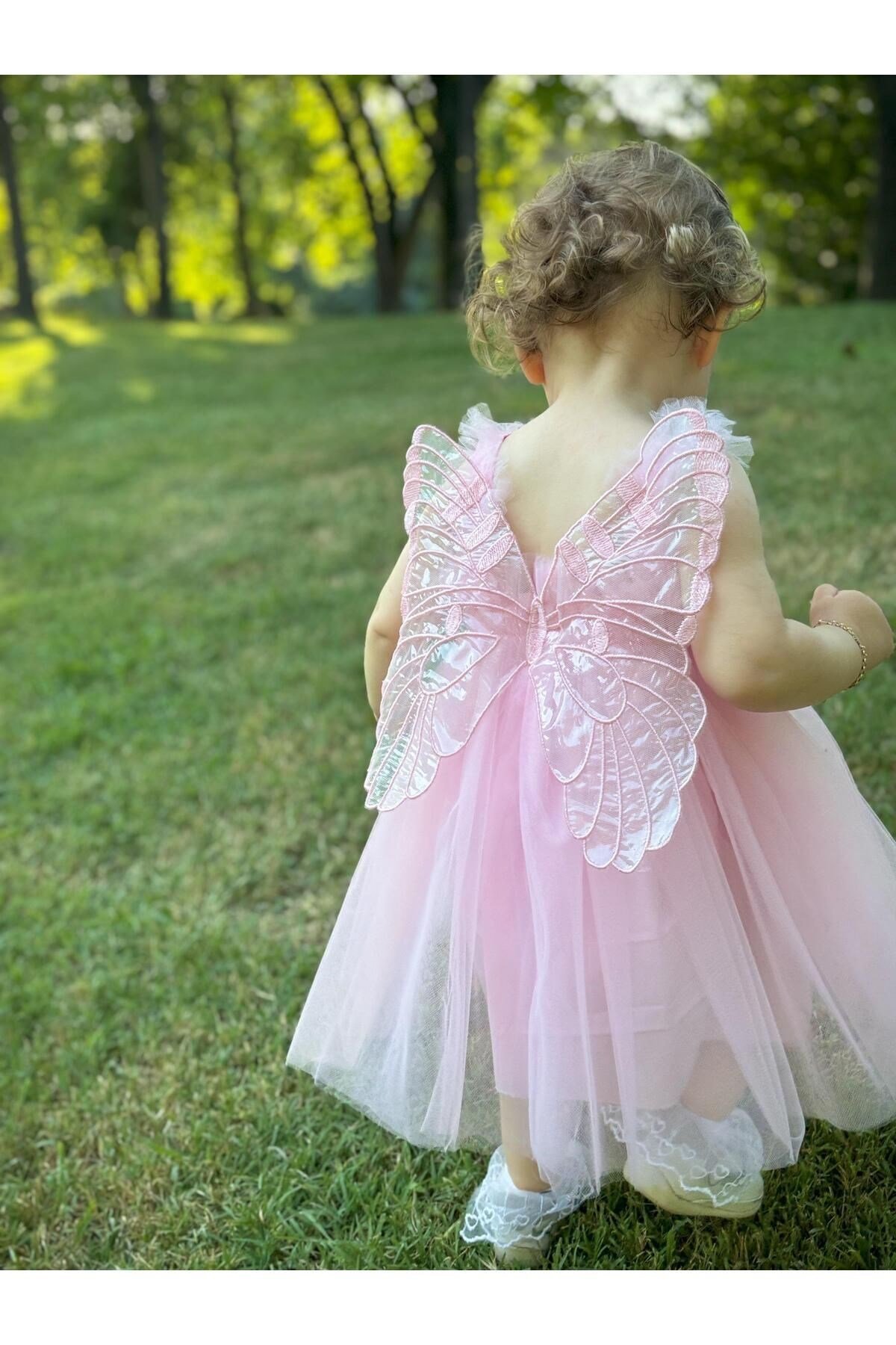 Kız Bebek Çocuk Kanatlı Doğum Günü Parti Düğün Özel Gün Tüllü Tütü Astarlı Prenses Yılbaşı Elbise