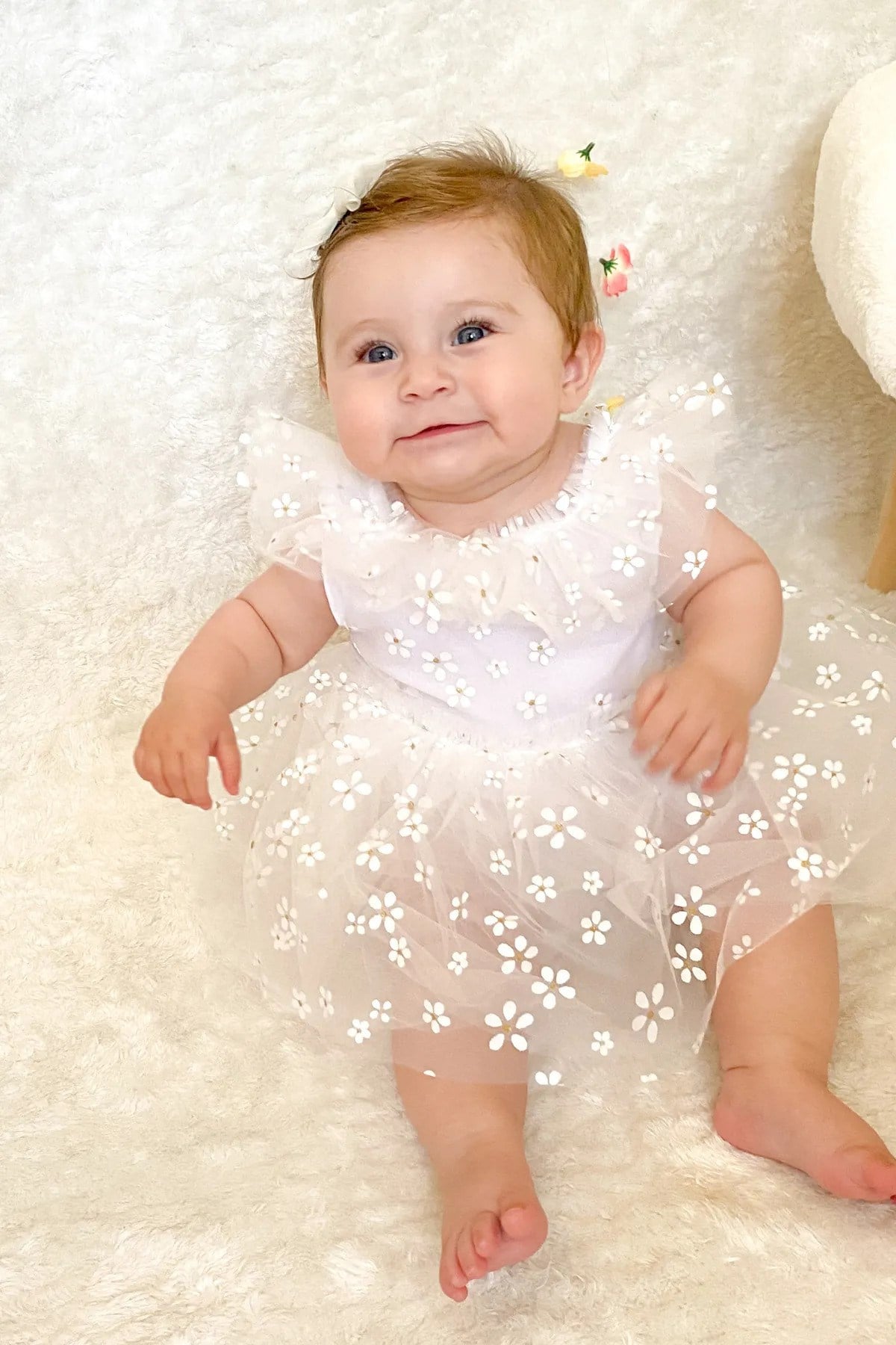 Kız Bebek Romper Elbise Papatyalı Sırt Detaylı Pamuklu Özel Gün Parti Düğün Doğum Günü Çocuk Elbise