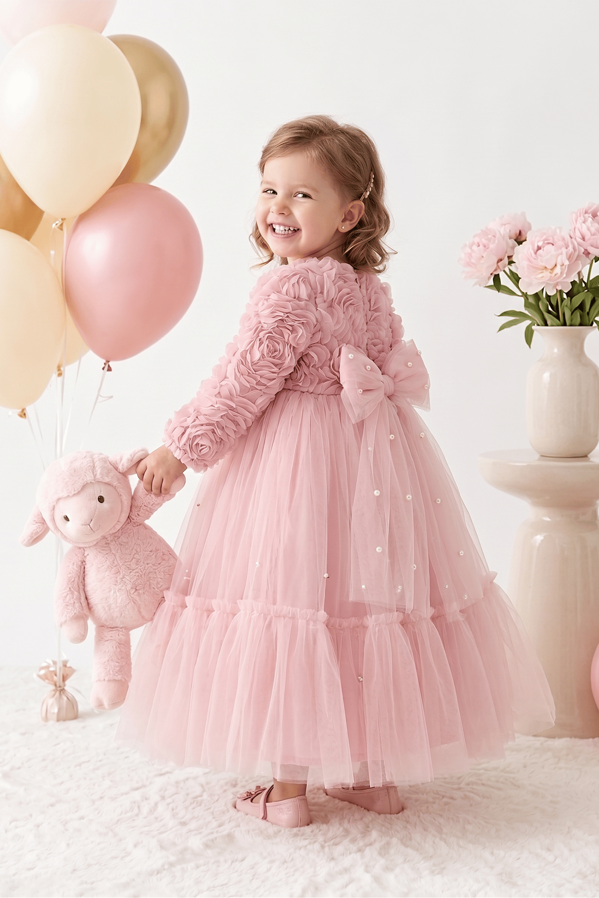 Pearly Long Rose Uzun Kollu Prenses Elbise - Pudra