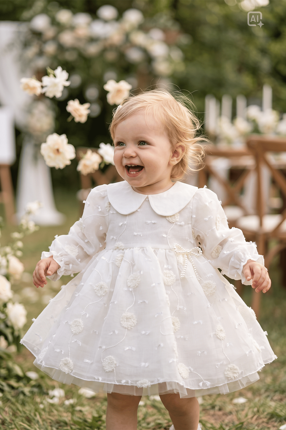 Pure Pearl Bebe Yaka 3D Kabartmalı İncili %100 Pamuk Prenses Elbise - Beyaz