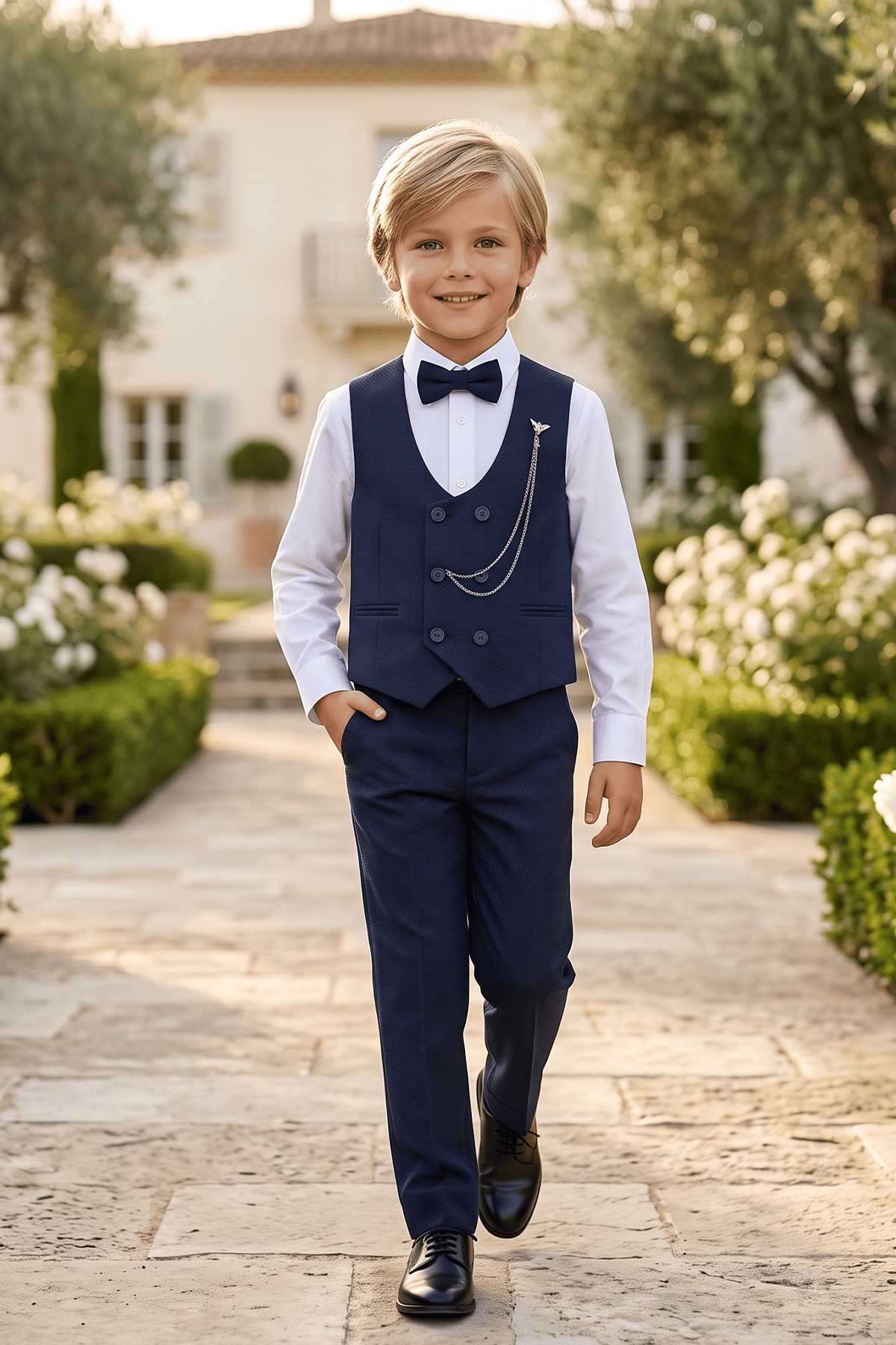 Special Suit Erkek Çocuk Yelekli 4 Parça Zincir Detay Takım Elbise 1-12 Yaş - Lacivert
