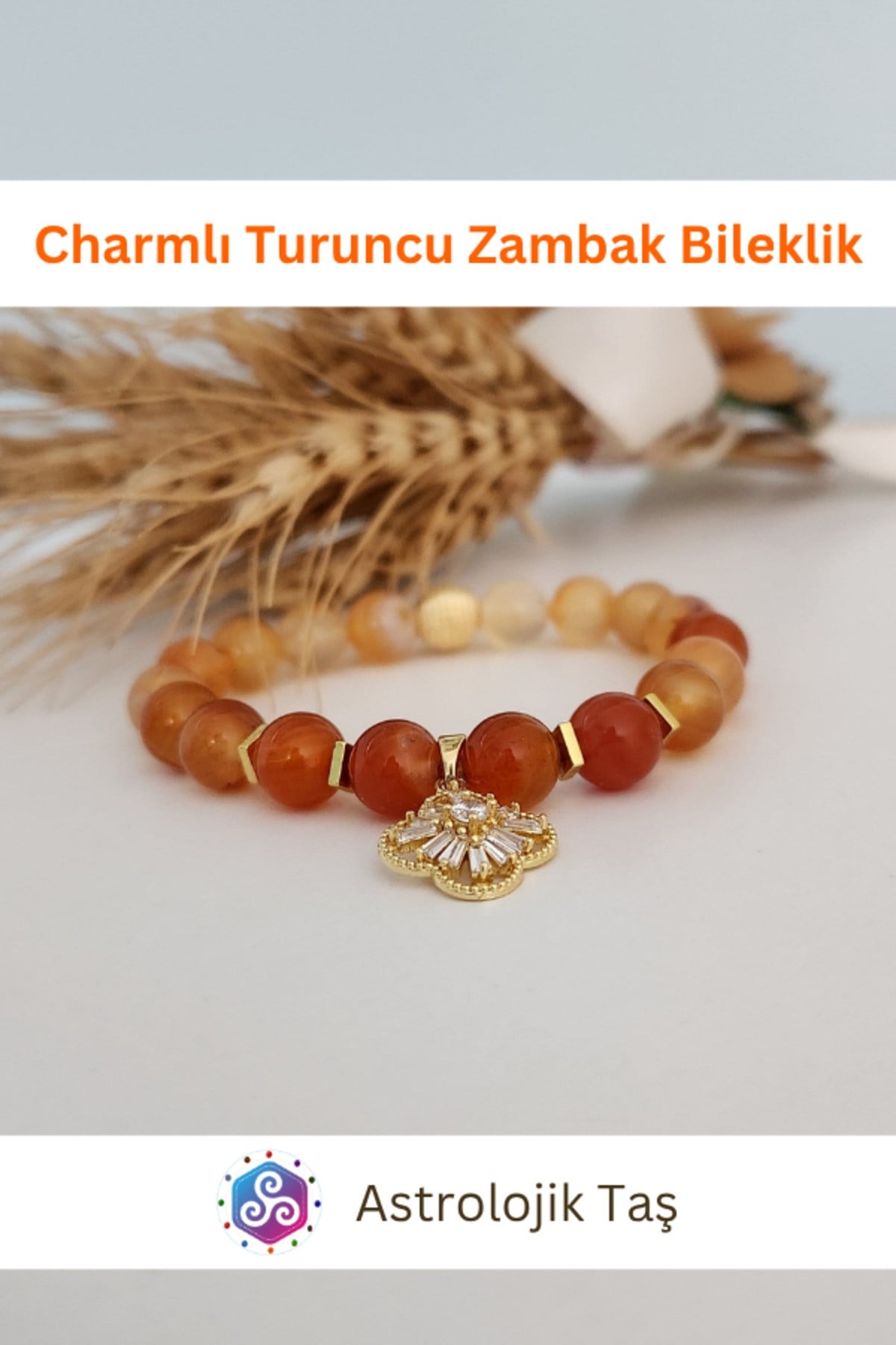 Charmlı Turuncu Zambak Doğal Taş Bileklik - Sertifikalı - Turuncu Akik & Hematit