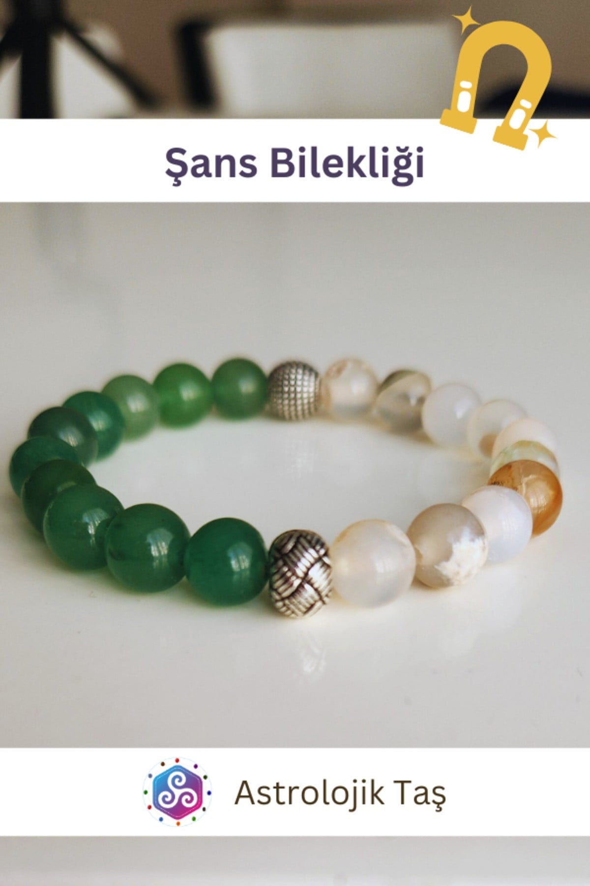 Doğal Taş Şans Bilekliği - Sertifikalı Beyaz Akik & Aventurin Taşı