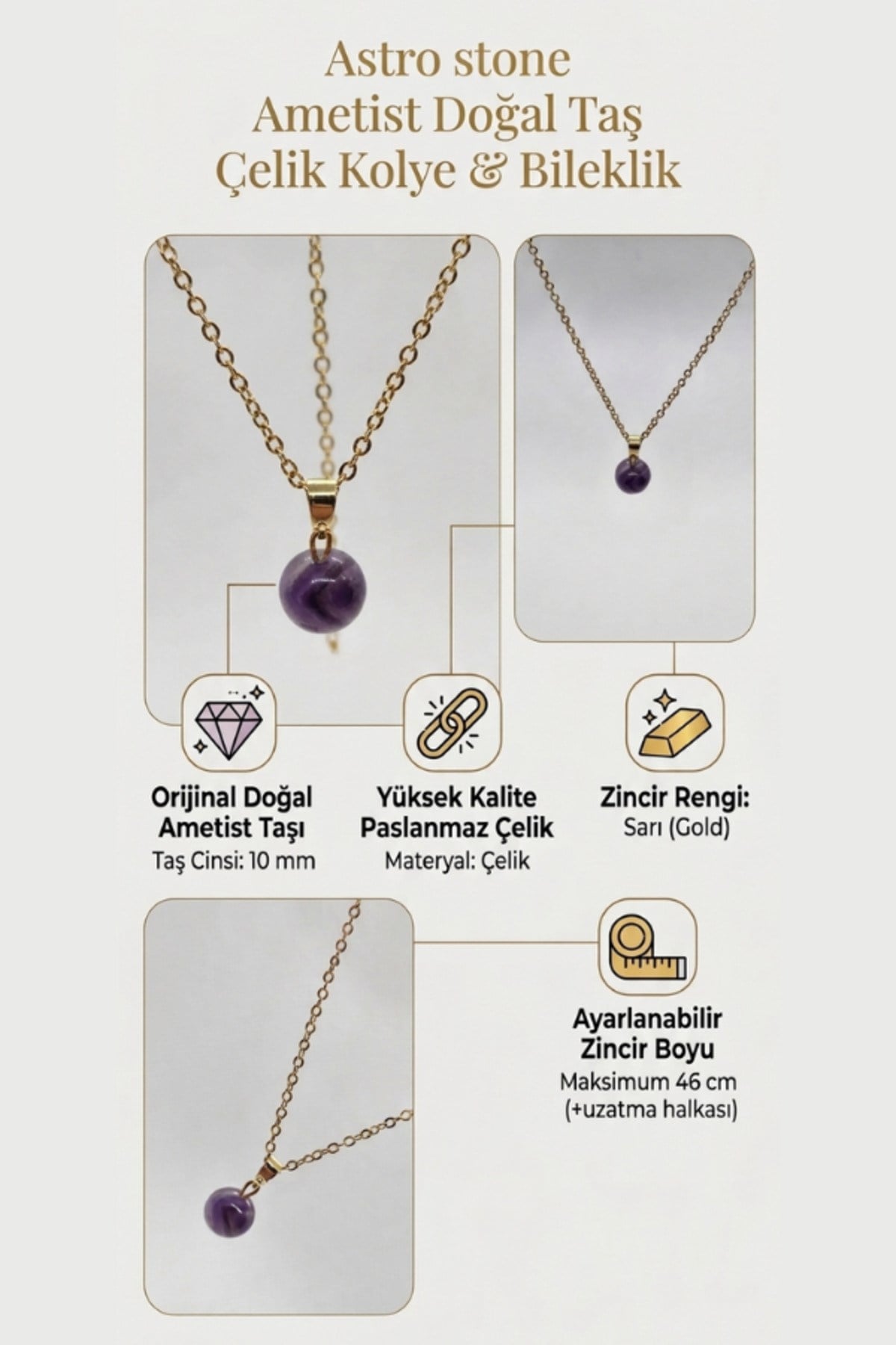 Kadın Gold Renk Çelik Zincirli Doğal Ametist Taşı Kolye - Ayarlanabilir 46 cm