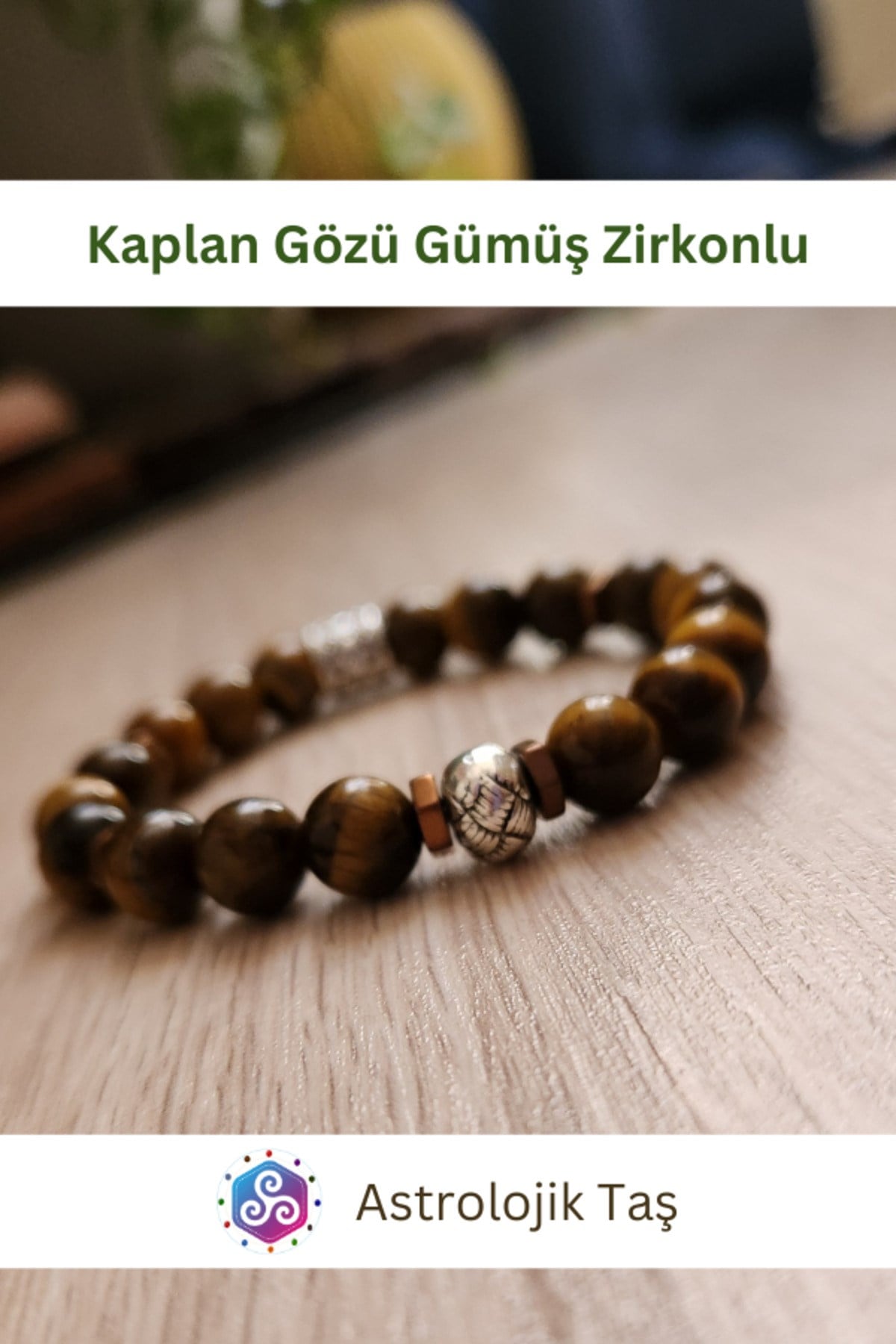 Kaplan Gözü Doğal Taş Bileklik Sertifikalı (Gümüş Rengi Yuvarlak Charmlı)