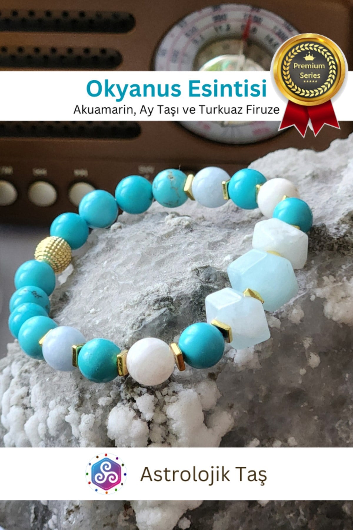 Okyanus Esintisi Doğal Taş Bileklik - Sertifikalı - Akuamarin & Ay Taşı