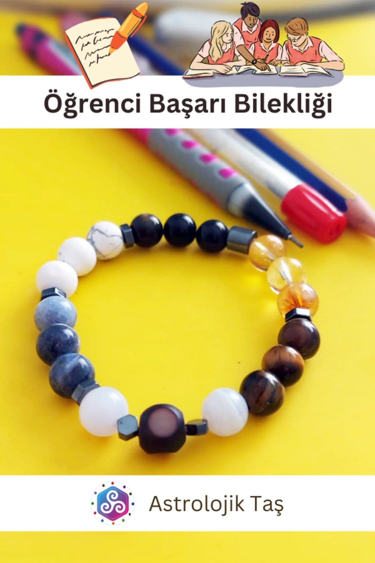 Sertifikalı Doğal Taş Öğrenci Okul Başarı Bilekliği - Odaklanma - Hafıza - Nazar - Iletişim