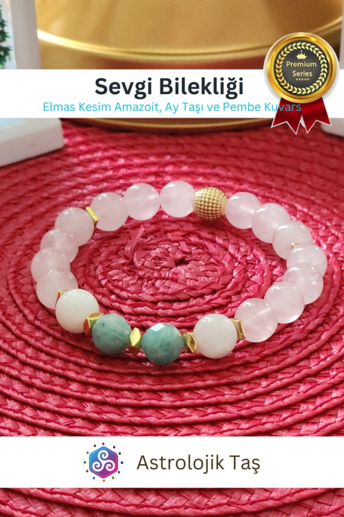Sevgi Doğal Taş Bilekliği -Sertifikalı - (Elmas Kesim Amazoit, Ay Taşı ve Pembe Kuvars)