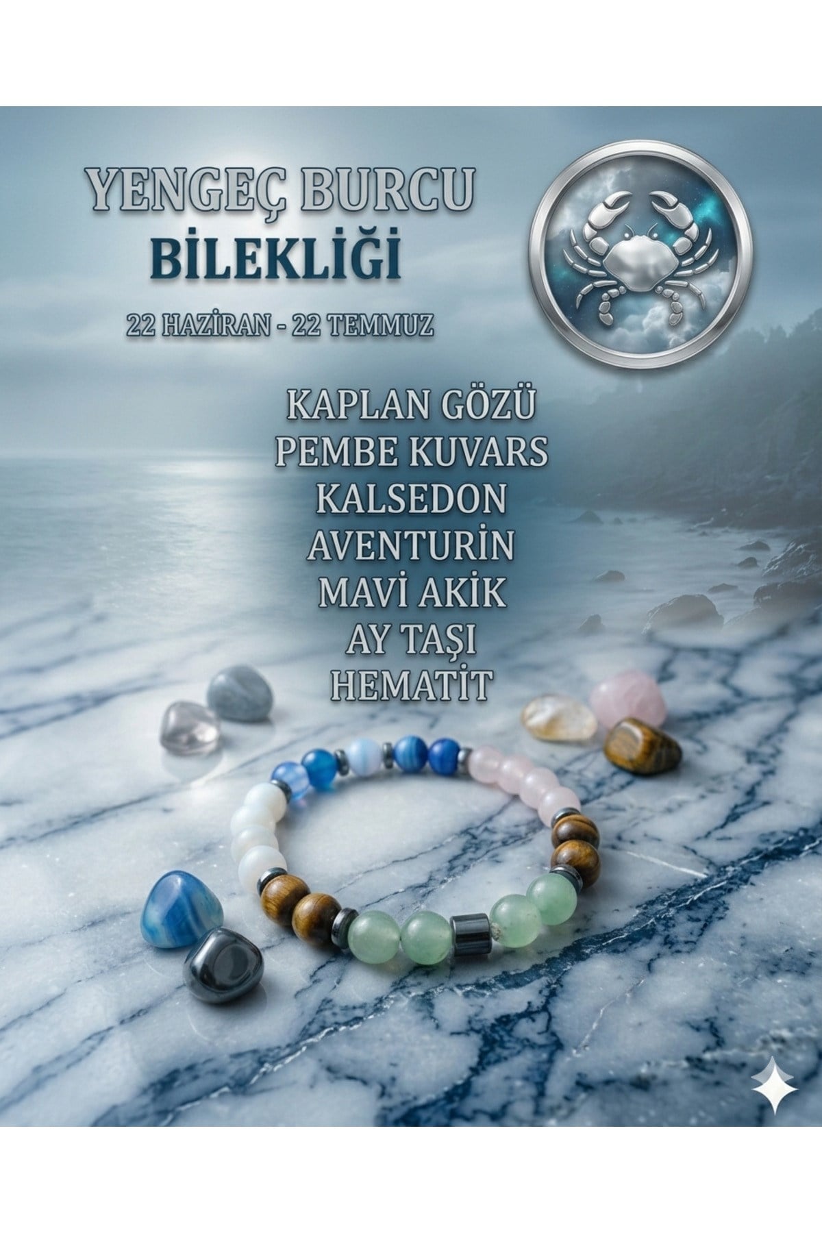 Yengeç Burcu Bilekliği - Sertifikalı - K.Gözü, Pembe Kuvars, Kalsedon, Aventurin, Mavi Akik, Ay Taşı