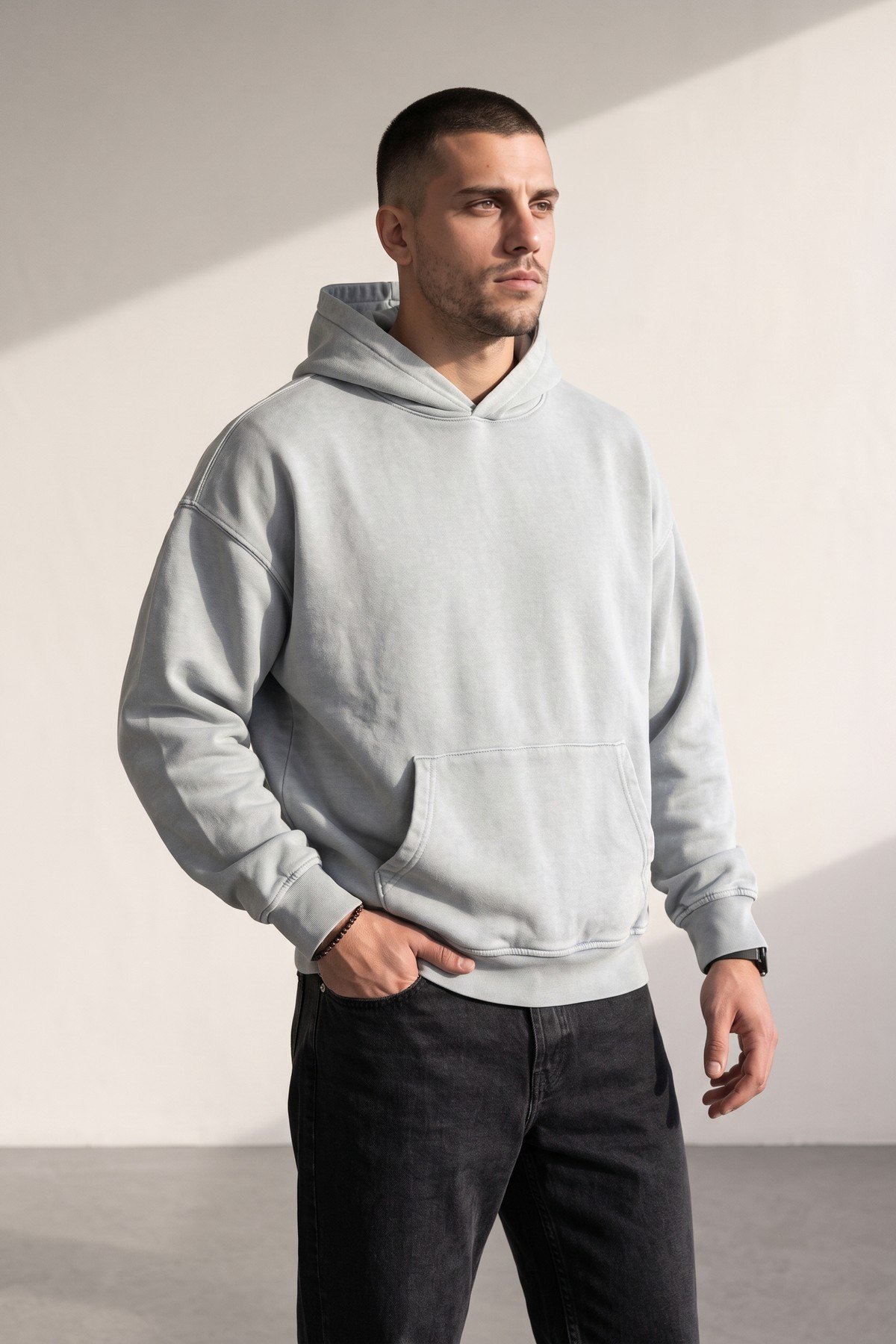 Yıkamalı Kapüşonlu Sweatshirt Buz Mavisi