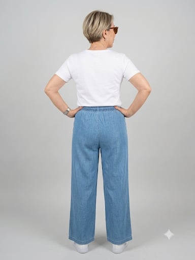 Beli Lastikli Bağcıklı Tensel Kot Pantolon - Açık Mavi