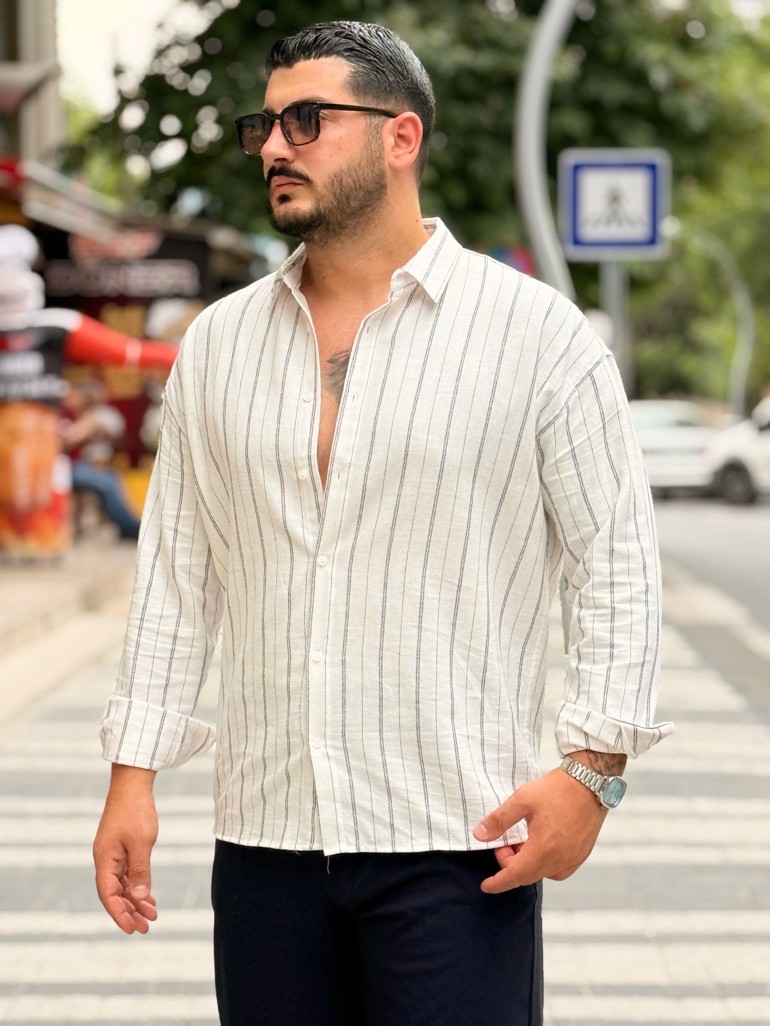 Keten Çizgi Detaylı Gömlek Krem