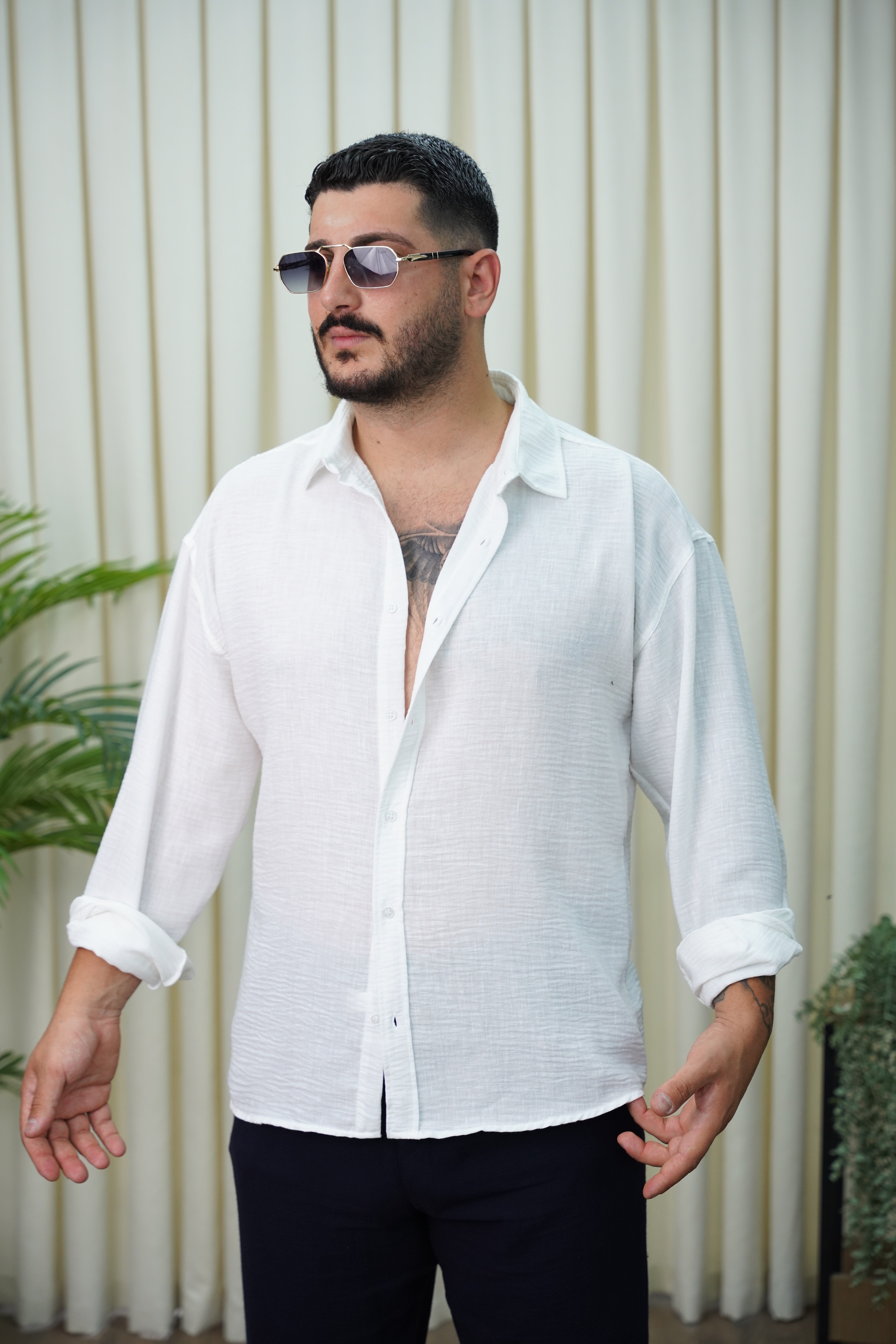 Oversize Keten Gömlek Beyaz