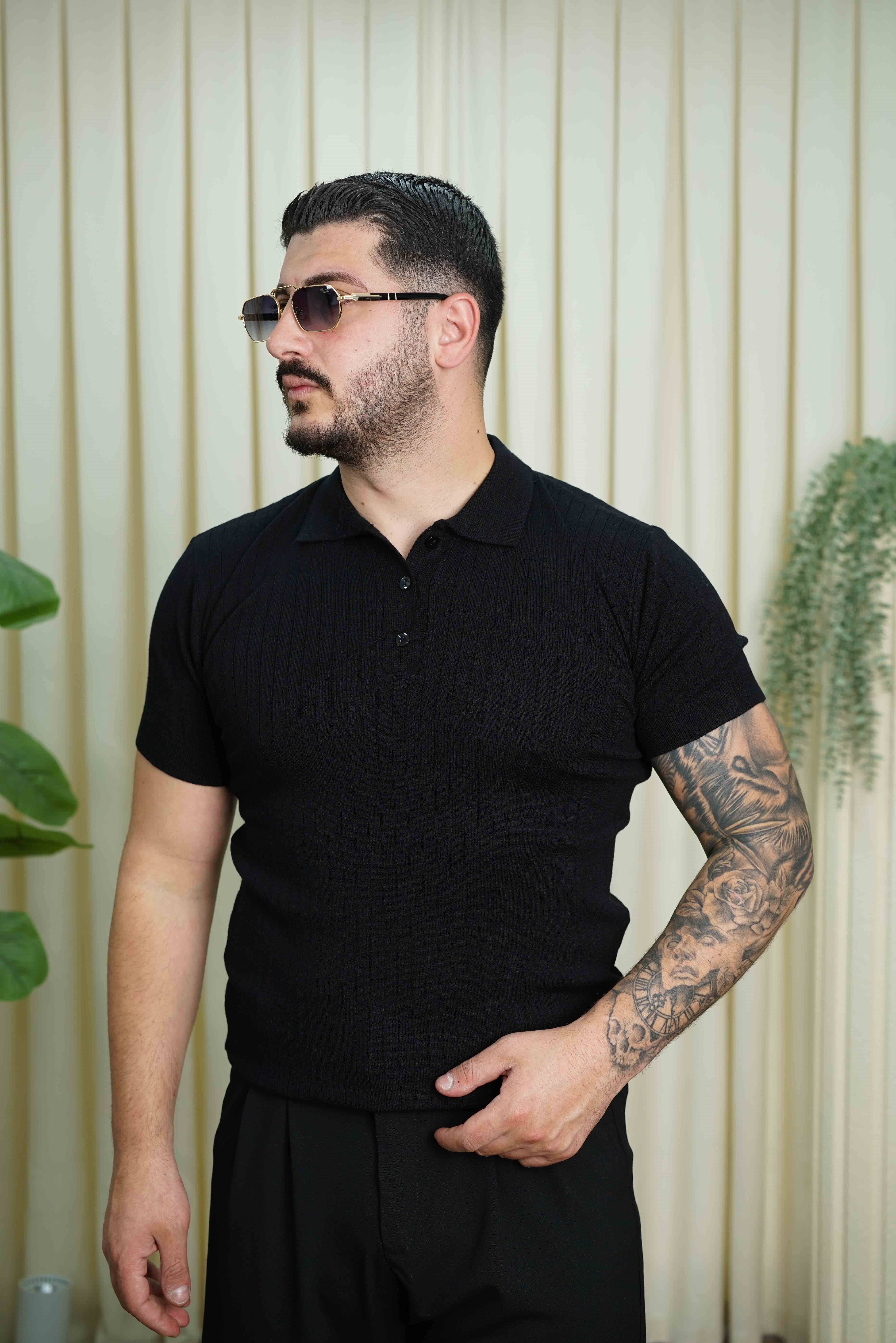 Triko Düğmeli Düz Siyah