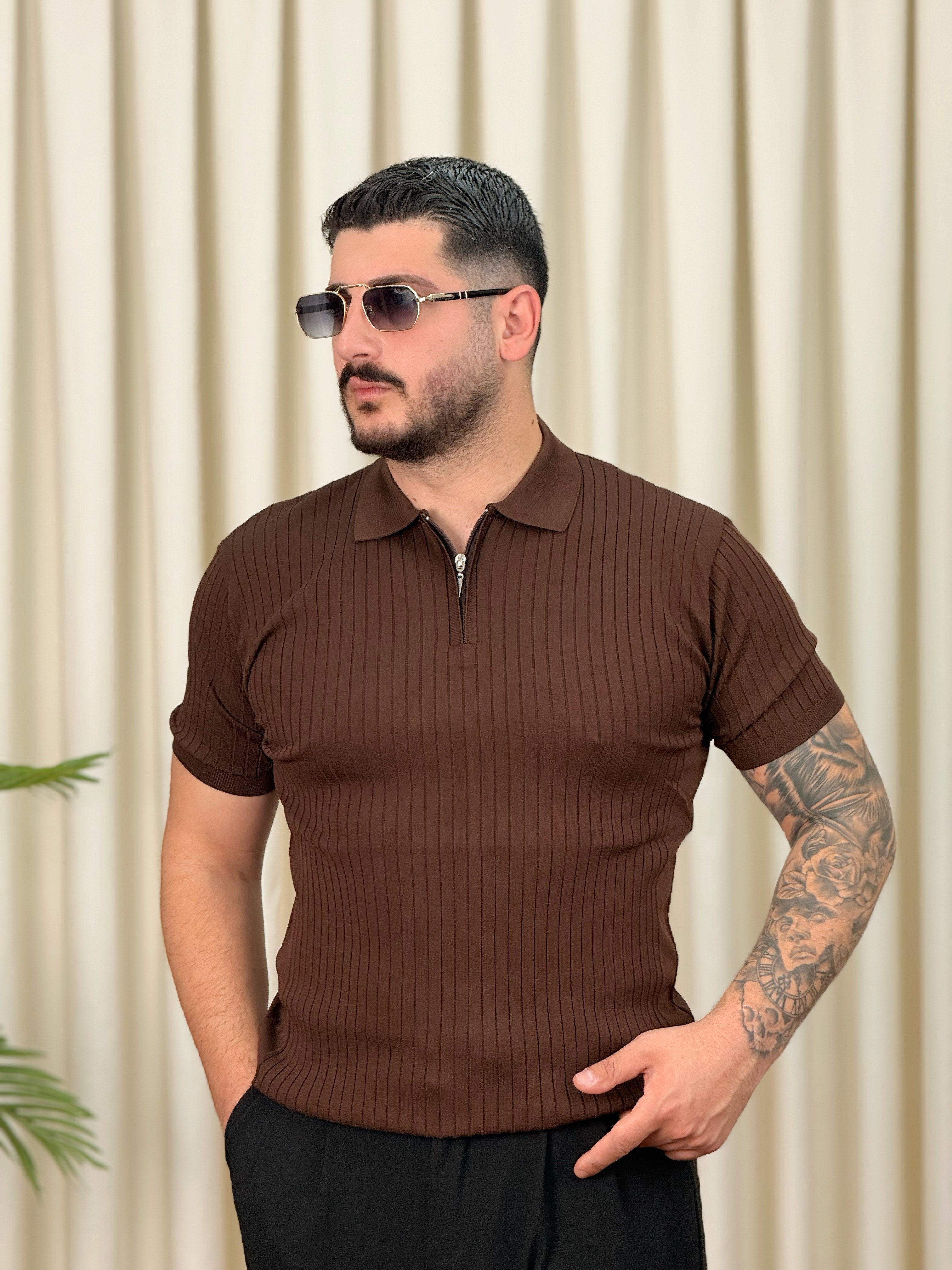Triko Yarım Fermuarlı Kahverengi