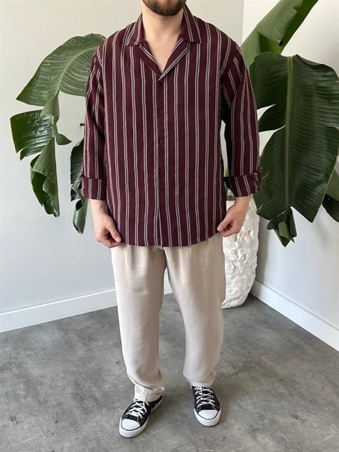 Apaş Yaka Çizgili Oversize Gömlek Bordo