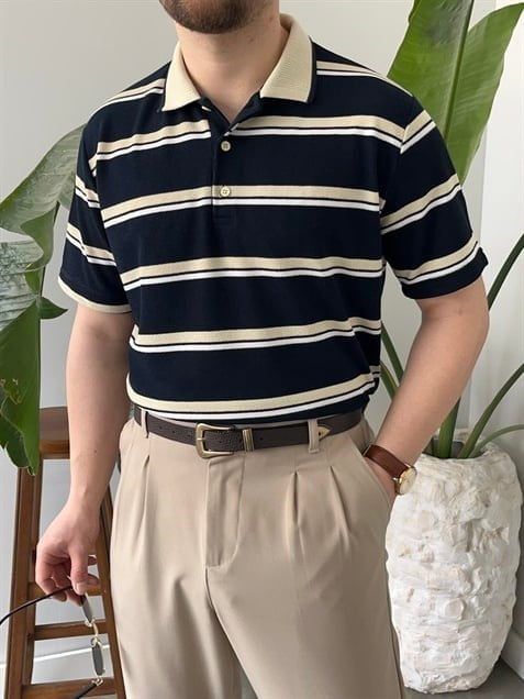 Basic Lacivert  Çizgili Polo Tişört