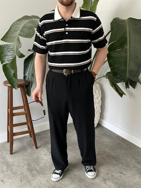 Basic Siyah Çizgili Polo Tişört