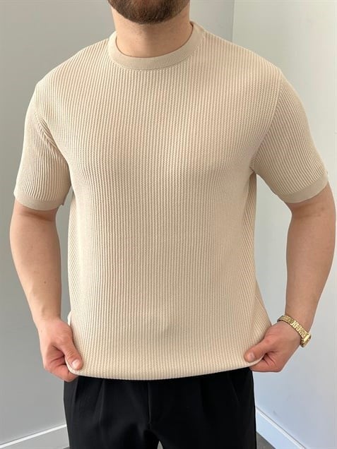 Bisiklet Yaka Örgü .Desen Triko Tshirt Krem