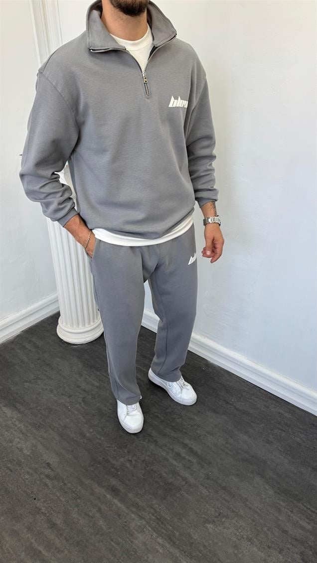 Double Face Yarım Fermuarlı Oversize Takım Gri