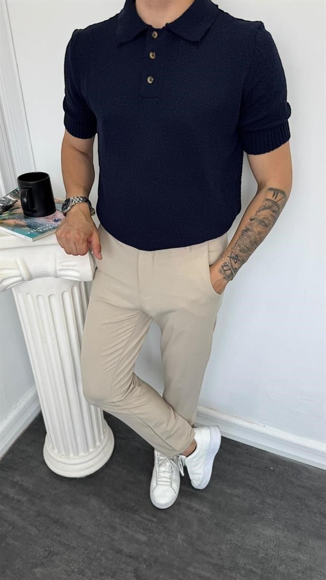 Düğmeli Polo Yaka Triko Tişört Lacivert