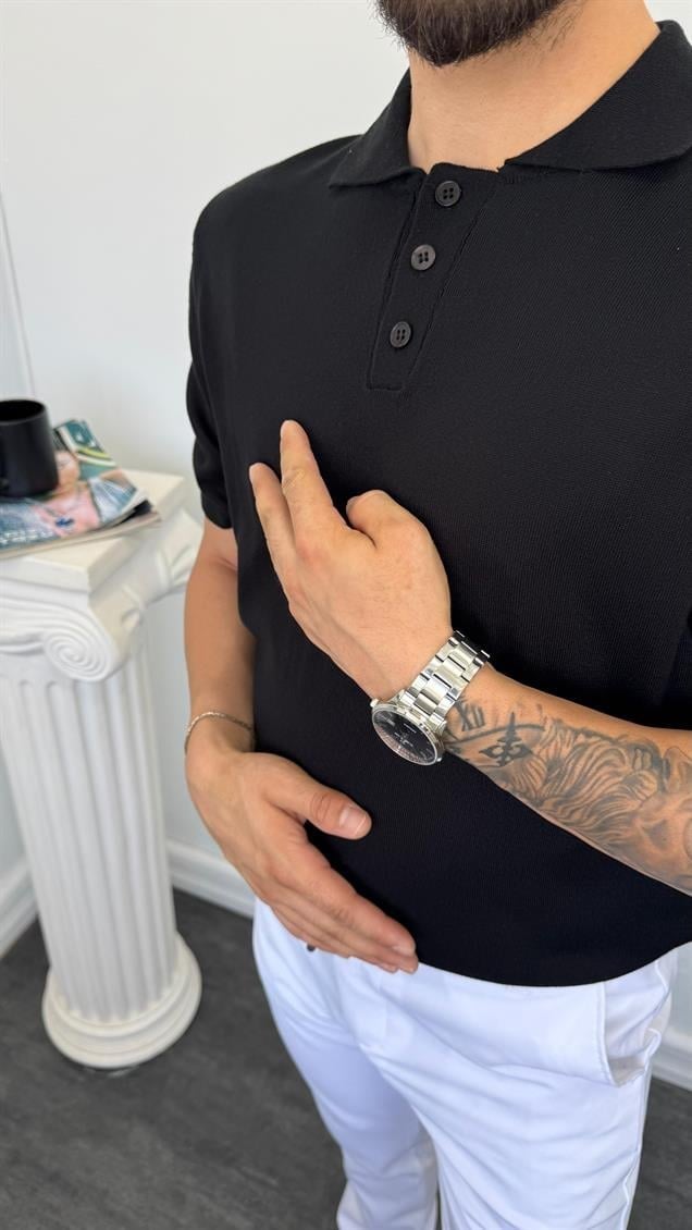 Düğmeli Polo Yaka Triko Tişört Siyah