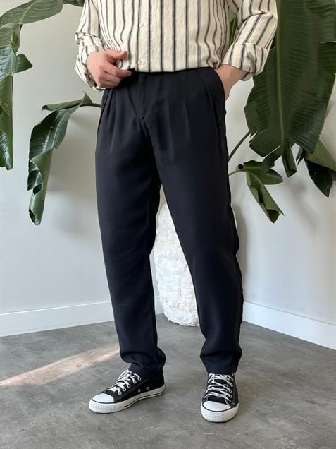 Keps Tensel Kumaş Boyfriend Pantolon Siyah