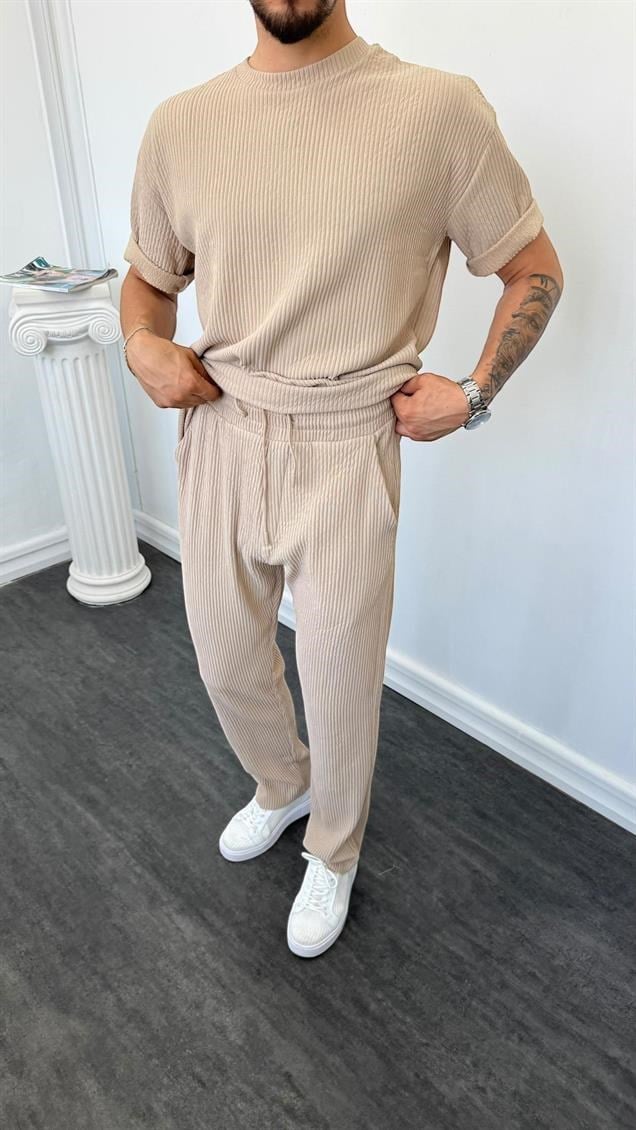 MR Bisiklet Yaka Kalın Fitilli Baggy Takım Krem
