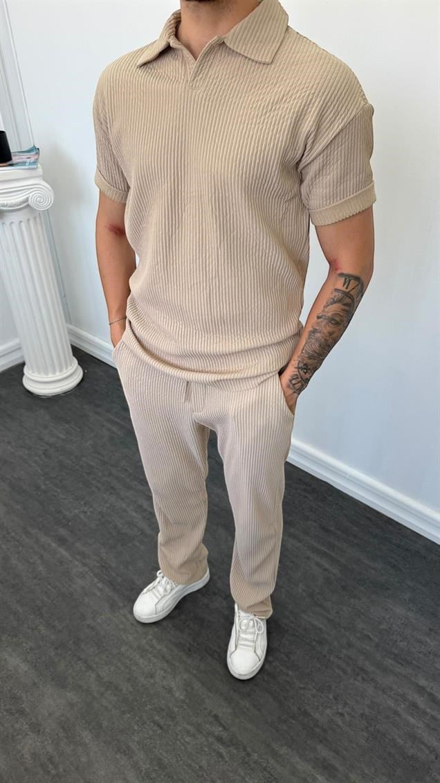 MR Polo Yaka Kalın Fitilli Baggy Takım Krem