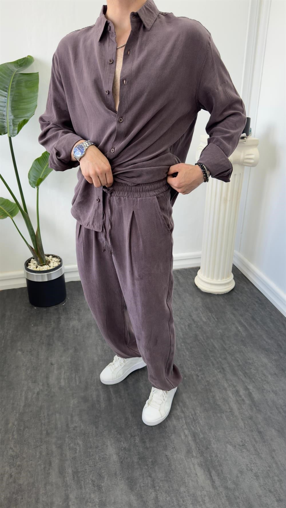 Oversize Tensel Gömlekli Takım Kahverengi